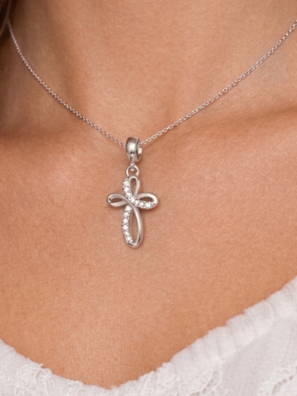 Sterling Silver CZ Infinity Cross Dangle Charm Pendant for Bracelet or Necklace